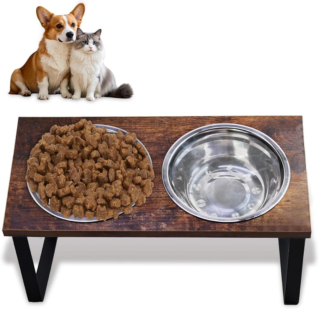Elevated Dog Food and Water Bowl Set, Large Dog Bowl with Stand, Rustic Wooden Raised Feeder with Stainless Steel Bowls, Tilted Design for Medium and Large Dogs (Black)