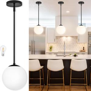 Bagood 8" Globe Pendant Light Black Mid Century Modern Light Fixture Milk Glass Pendant Light Globe Pendant Lights Kitchen Island Matte Black Finished with Milk Glass Lampshade for Dining Room