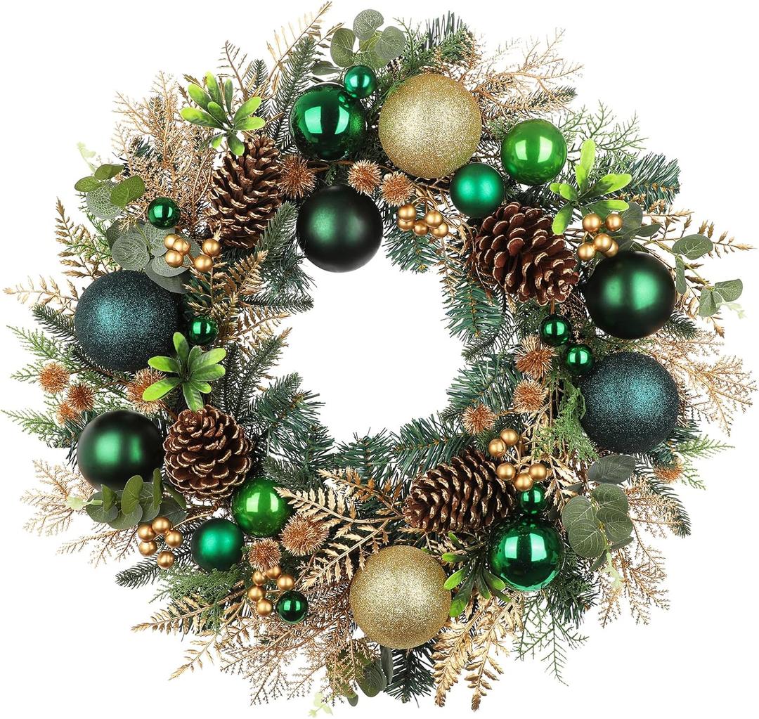 24" Christmas Wreath for Front Door Artificial Christmas Wreaths with Green Ball Ornaments Berries Pine Cones Norfolk Pine Needles Cedar Decor for Home Porch Wall Window Indoor Outdoor Xmas Decoration