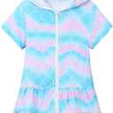 LUCKYGAL Girls Swim Cover Up Kids Swimsuit Coverup Terry Zip-Up Beach Bathing Suit Wraps with Sunglasses (4-5T, Mermaid)