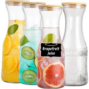 Glass Carafe Pitchers with Lids, Set of 4 1 Liter Embossed Designed Beverage Pitcher Carafe Set for Mimosa Bar, Juice Container for Brunch, Cold Water, Juice -With 4 Wooden Chalkboard Tags