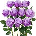 Luyue 10PCS Artificial Roses Flower with Stems Slik Fake Flowers Bouquet Realistic Long Stem Faux Rose for Valentines Day Wedding Home Decor (Light Purple)
