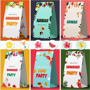 Leesgel 30 Pcs Hawaiian Luau Gift Bags for Party Supplies with 30 stickers, 6 Styles Hawaiian/Luau/Flamingo/Tropical Treat Bags Bulk, Kids Party Favors Goodie Stuffer Bag