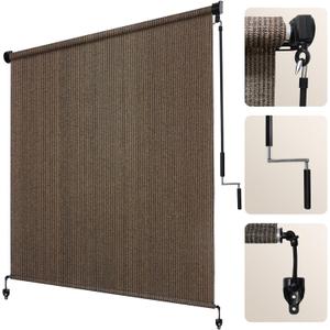 Artpuch Outdoor Roller Shade 8'(W) x8'(H) Fabric Blind Mocha 220GSM Roll Up Shade, Wand Operation Exterior Roller Shades Cloth for Patio Porch Gazebo, Spliced of Two Sections (96"W x 96"H)