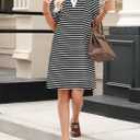 BLENCOT Women's Casual Polo V Neck T Shirt Striped Dress Summer Puff Short Sleeve MIdi Dresses (S)