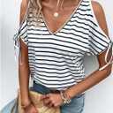 Verdusa Women's Bow Tie Cold Shoulder Striped Graphic Tees Summer Tunic Going Out Tops Small