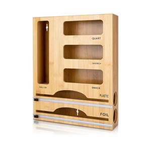 Storage Bag Organizer with Foil and Plastic Wrap Organizer, Aluminum Foil Dispenser with Cutter, Bamboo 6 in 1 Baggie Organizer Suitable for Gallon, Quart, Sandwich, Snack