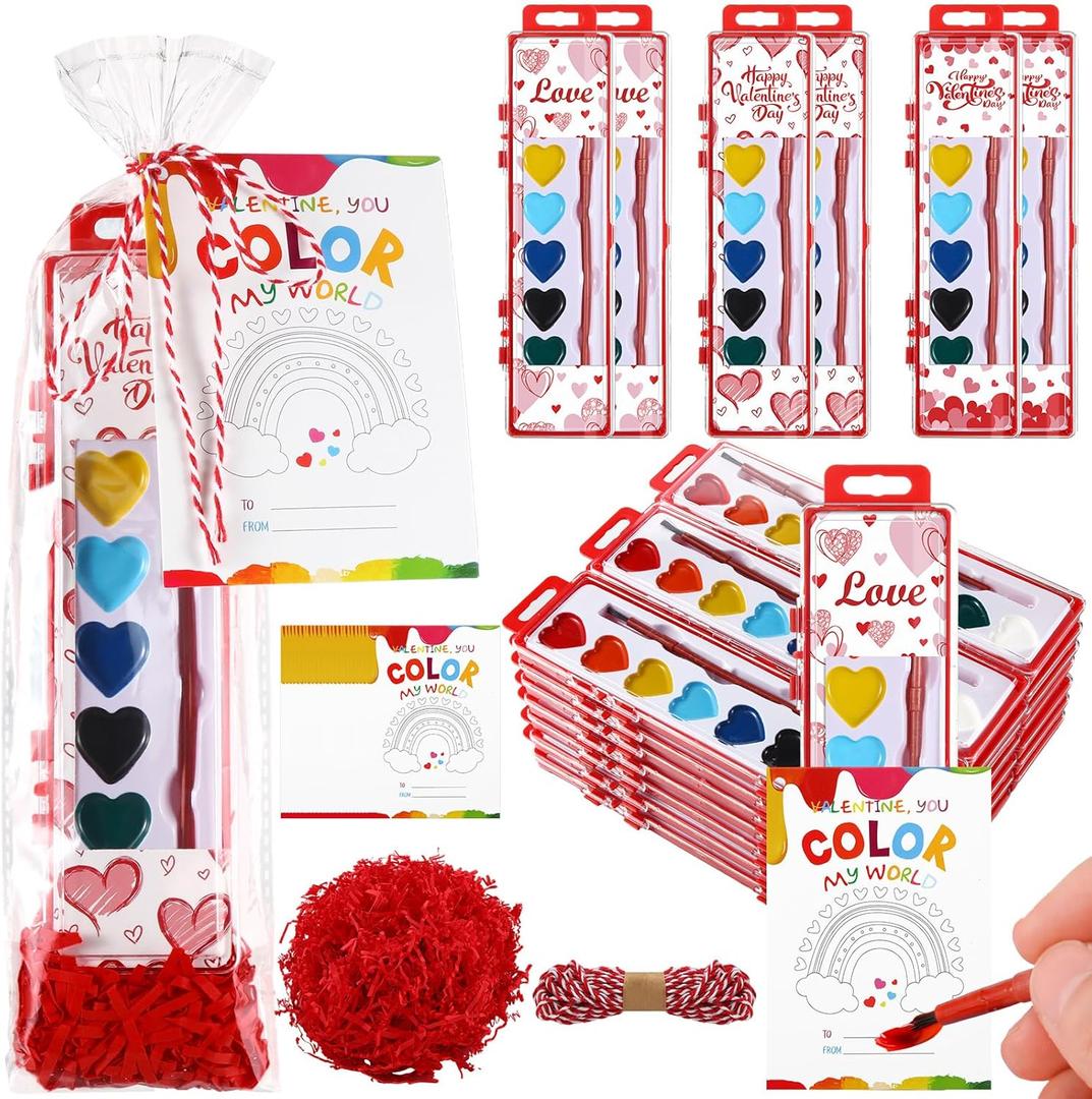 24 Set Valentine's Day Gifts for Kids Watercolor Paint Sets with Cards Heart Shaped Watercolor Paint Sets for Kids Class Valentines Party Favors School Classroom Exchanges Gift(Lovely Style)