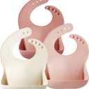 PandaEar Set of 3 Silicone Baby Bibs, Waterproof Soft Adjustable Bibs for Babies Toddlers 10-72 Months (Light Pink/Rose/Linen)