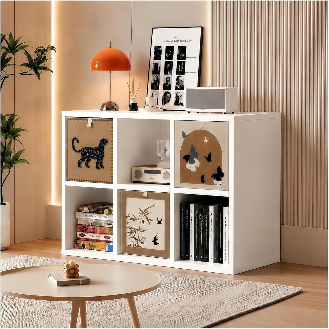 Solid Wood white 6 Cube Storage Organizer Shelf with 3 Bins,Low Bookcase, 35.5″ x11.8″ x29.6″