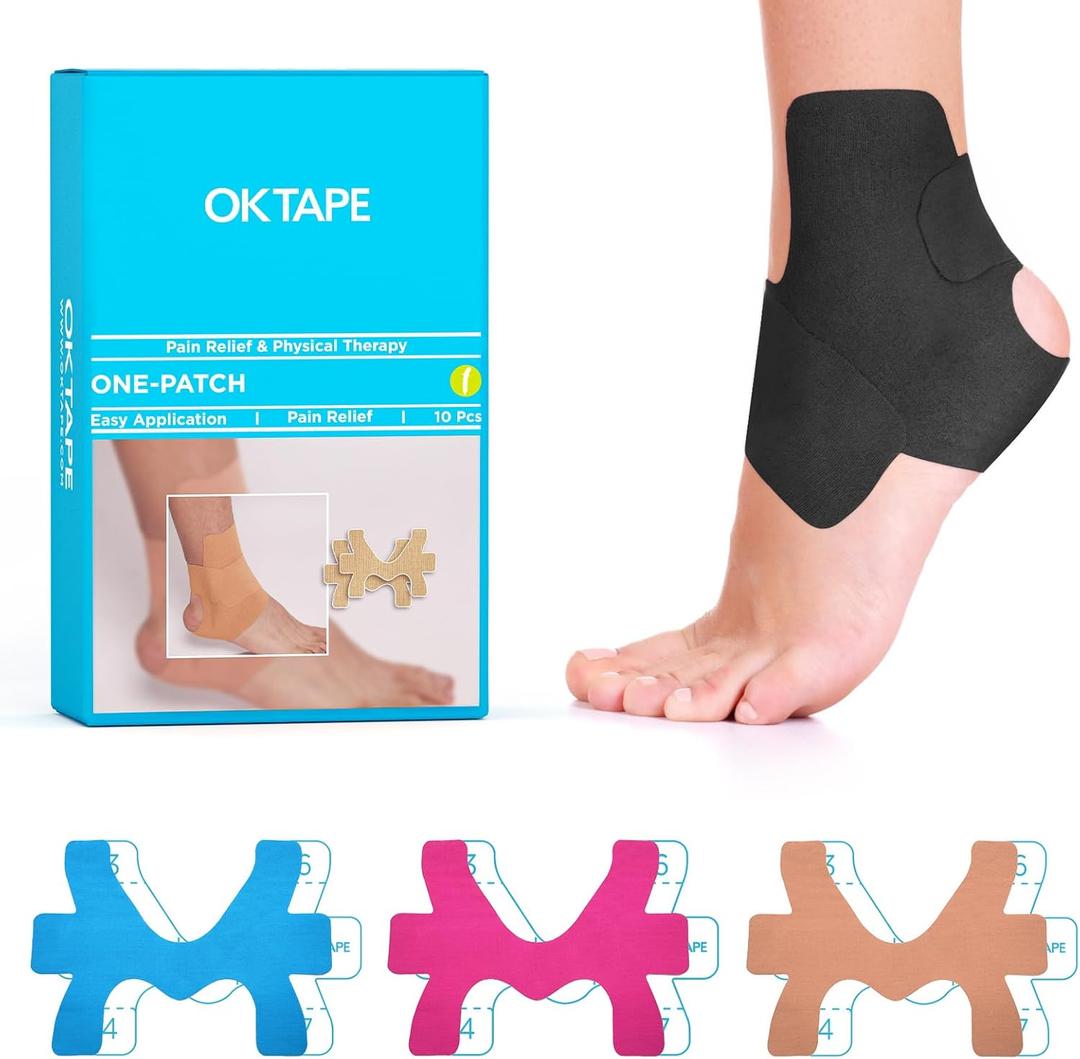 OK TAPE Precut Kinesiology Ankle Tape, 10 Pcs, Pain Relief, Prevent Ankle Sprain, Provide Support for Ankle Ligament, Elastic Athletic Tape, Breathable Kinetic Tape for Daily use - Black