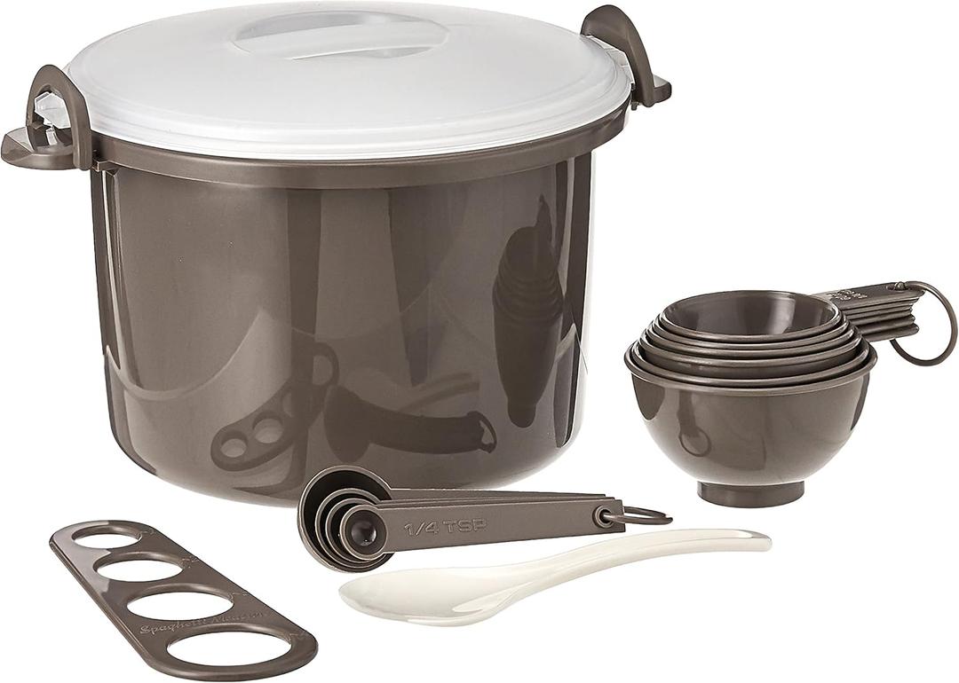 Prep Solutions by Progressive Microwaveable Rice and Pasta Cooker-17 Piece Set Includes Measuring Spoons and Cups, Rice Paddle, Steaming Insert, Pasta Measurer and Locking Lid-12 Cup Capacity BPA FREE, Gray Prep Solutions by Progressive Microwaveable Rice and Pasta Cooker-17 Piece Set Includes Measuring Spoons and Cups, Rice Paddle, Steaming Insert, Pasta Measurer and Locking Lid-12 Cup Capacity BPA FREE, Gray