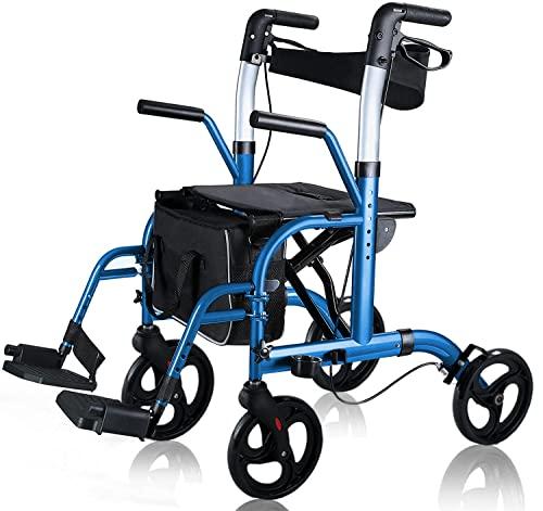 WINLOVE 2 in 1 Rollator Walkers for Seniors with Padded Seat- Medical Transport Chair Walker with Adjustable Handle and Reversible Backrest (Blue)