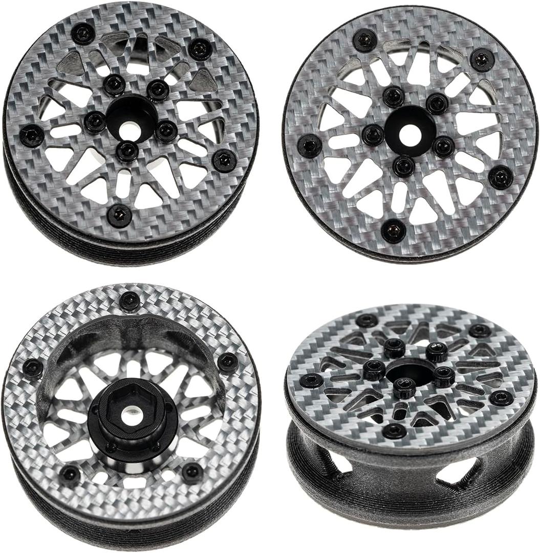 1.6" (40.6mm) Super Wheels, Carbon fibre Beadlock Wheel fit for SCX24 TRX4M FCX24 FCX24M CR18P 1/24 1/18 RC Crawlers Upgrade, Style B, Silver