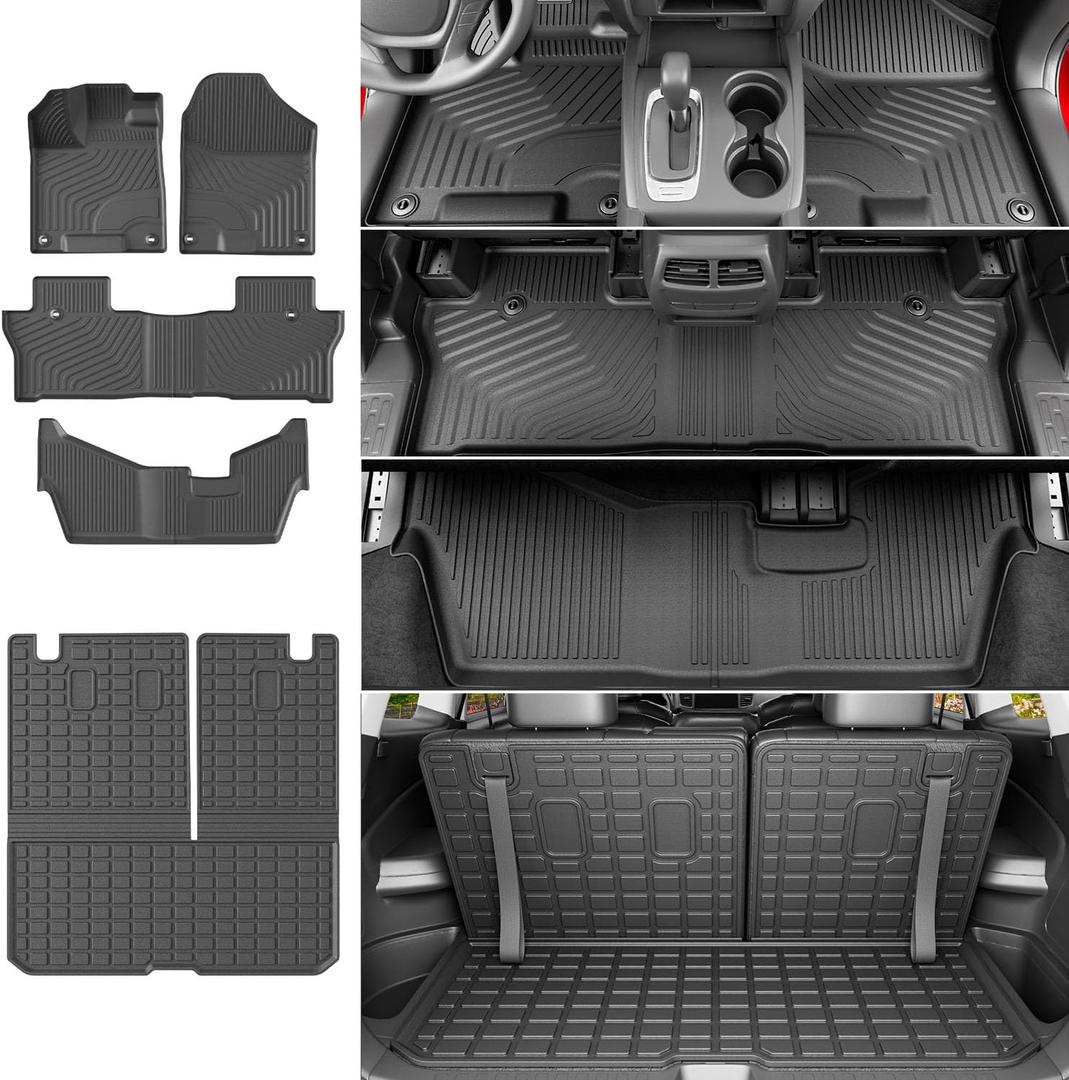 powoq Floor Mats Compatible with 2016-2022 Honda Pilot Cargo Mat Cargo Liner Trunk Mat TPE Replacement for 2016-2022 Honda Pilot Accessories (8 Seats Trunk Mat with Backrest Mats+Floor Mats)