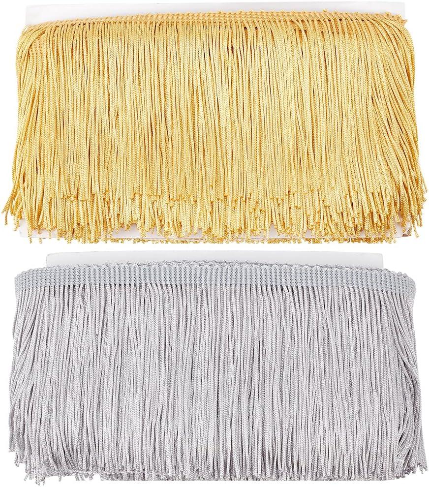 INFUNLY 2 Colors 10 Yards Sewing Fringe Trim 3.9 Inch Wide Chainette Fringe Trim Lace Nylon Fabric Tassel for Clothes Accessories Latin Wedding Dress DIY Craft Decoration Gold and Grey