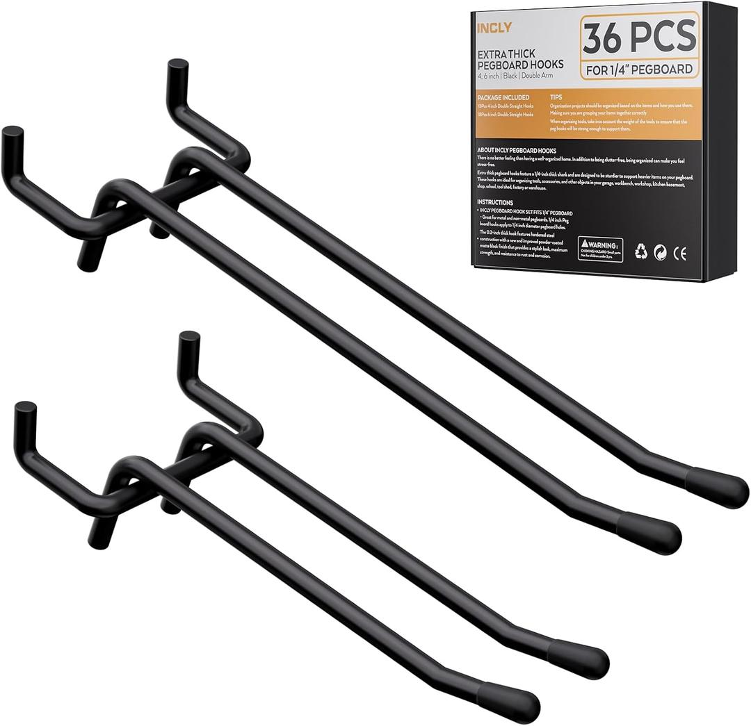 INCLY 4/6 Inch Black Pegboard Hooks, 36 Pack Heavy Duty Double Arm Peg Board Straight Hooks, Peg Board Tool Hangers Fit for 1/4" Pegboard Garage Hanging Tools, Craft Organizing, Kitchen, Store