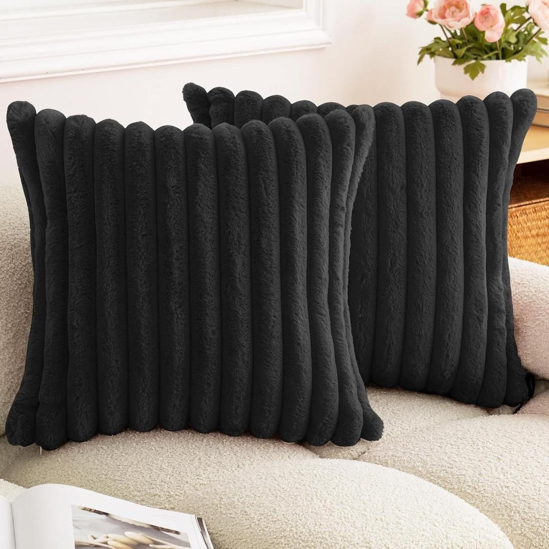 Double-Sided Faux Fur Plush Throw Pillow Covers 18x18 Set of 2 Fuzzy Striped Soft Cozy Pillowcase Luxury Decorative Pillows Square Fluffy Cushion Covers for Couch Sofa Bed,Black