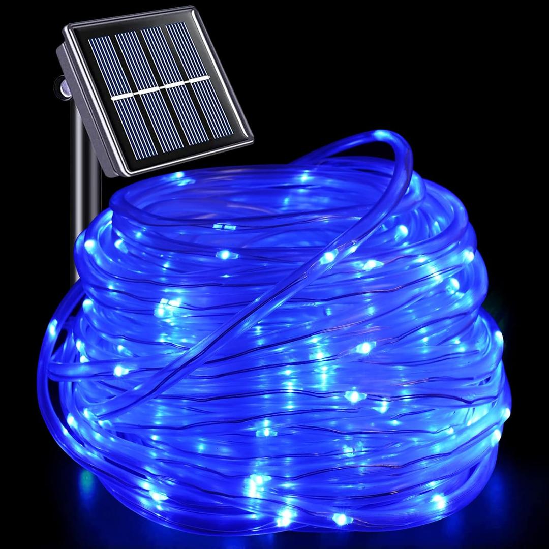 YEGUO Solar Rope Lights Outdoor Waterproof, 66ft 200 LED Blue String Lights, 8 Modes Fairy Lights in Clear Thin Tube