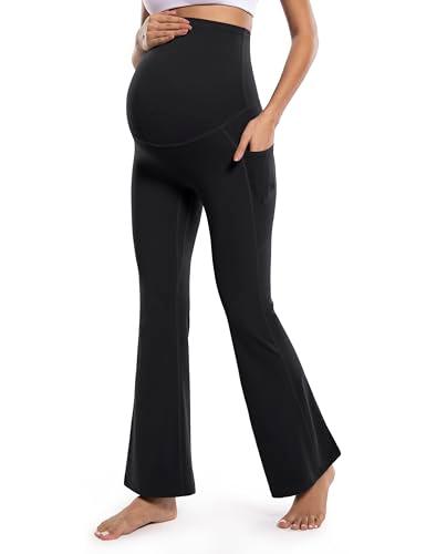 POSHDIVAH Women's Maternity Flare Leggings Over The Belly Pregnancy Workout Active Yoga Lounge Bootcut Pants with Pockets Black XX-Large