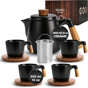 MIAMIO 34 Oz Ceramic Tea Pot Set with Infuser and Cups/Tea Strainer, 4 Ceramic Tea Mugs (10 Oz), Bamboo Saucers/Handle for Home and Office (Black)
