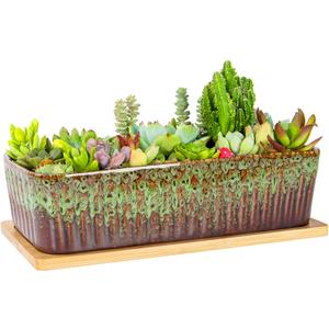 Succulent Pots - 12 Inch Large Succulent Planters with Drainage Tray, Window Sill Planter, Long Rectangle Ceramic Pots for Indoor Cactus Plants Shallow Bonsai Window Box for Home Garden Decor (Green)