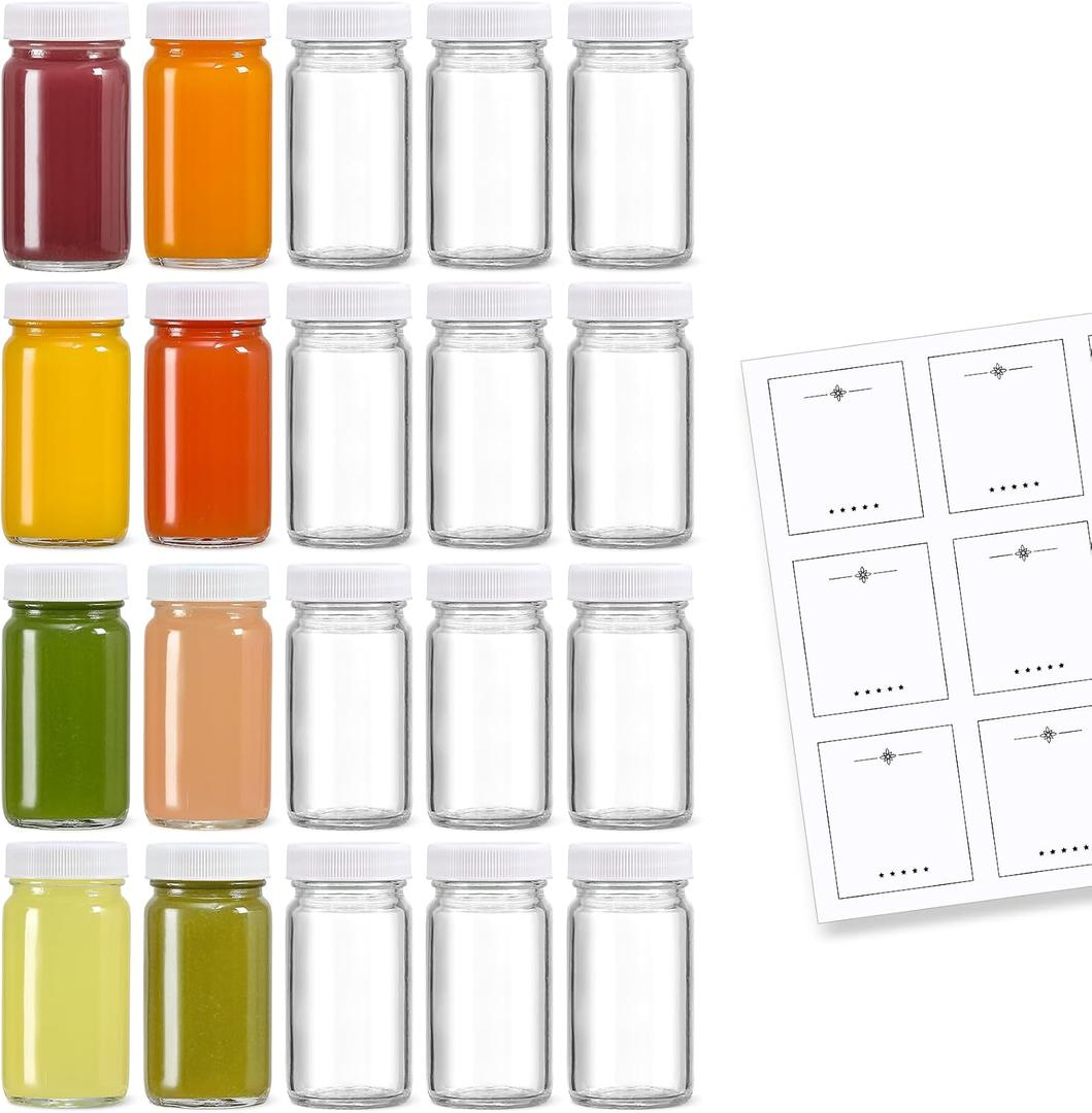 20 Pack 2 oz Glass Shot Bottles w/ White Lids & 20 Labels - Small Clear Jar for Ginger, Wellness Shot, Juice, Sample, Whiskey - Travel Essentials Mini Bottles - Wide Mouth, Leakproof, Dishwasher Safe