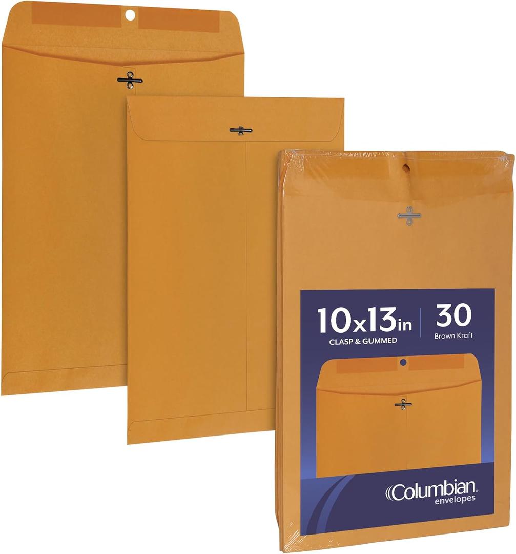 Columbian 10 x 13 Clasp Envelopes, Gummed, 28 lb Brown Kraft, for Mailing Flat Letter Size Documents or Photos, Bulk Pack, 30 Per Pack (COLO405), 19 Pack