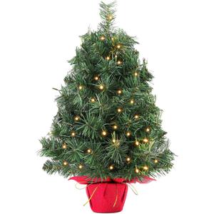 2ft Prelit Artificial Small Christmas Tree,24" Tabletop mini Xma Tree with Pine Cones Includes 50 LED Lights and Cloth Bag Base