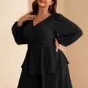 RWJ Plus Size Dresses for Curvy Women V Neck Long Sleeve Elastic Waist Fall Wedding Guest Layer Casual Mini Dress (Black, L)