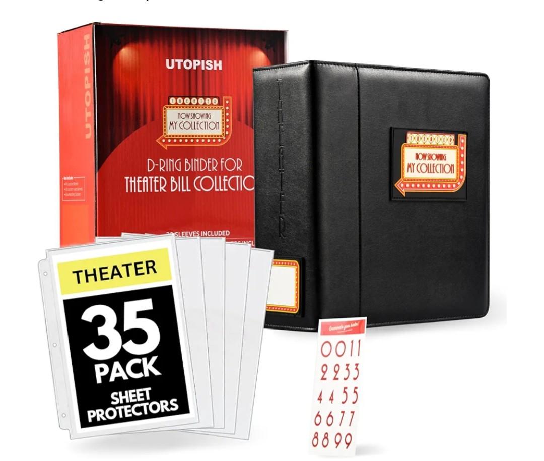 UTOPISH ShowBill Binder with Sleeves – Large 4” Theater Program Holder with 35 Sheet Protectors and Numbering Stickers Included  Broadway Gift with FullColor Logo and Numbering Panel