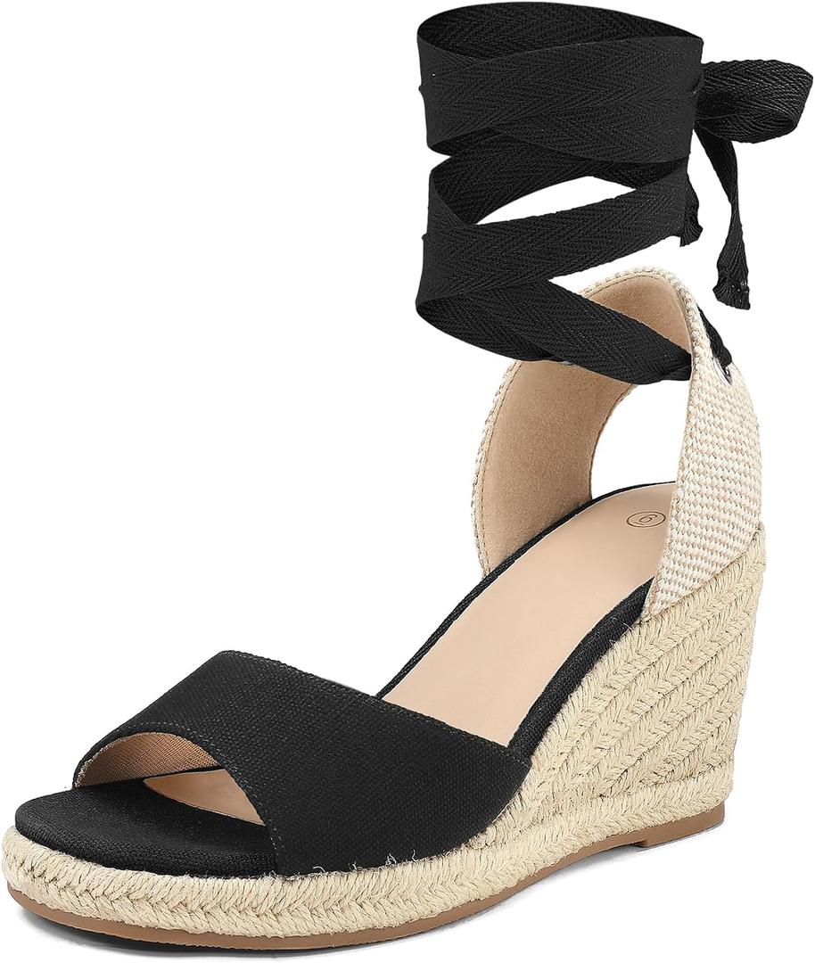 mysoft Women's Wedge Sandals Open Toe Espadrilles Platform Ankle Strap Lace Up Summer Shoes, Black US 8.5