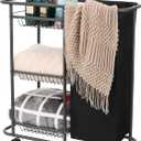 Rolling Laundry Cart with Wheels: 3-Tier Laundry Caddy Between Washer and Dryer - Heavy Duty Wrapping Paper Cart with 45L Bag for Narrow Space Laundry Room Bathroom Bedroom Black