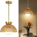 Rattan Pendant Light, 11.8" Hand Woven Boho Pendant Light Fixture with Milk Glass Globe, Gold Kitchen Pendant Lighting Over Island Adjustable Chandelier for Dining Room Hallway Foyer