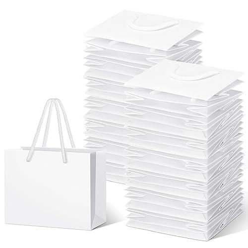 Honoson 100 Pcs Thicken White Mini Gift Bags with Handles, 3.9 x 4.7 x 2.4 Inch Small Paper Goodie Shopping Bags for Small Business Party Wedding Gift Wrap Valentine