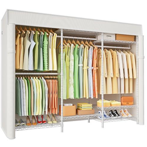  Ulif E13C Heavy Duty Closet Organizer System Freestanding Clothing Racks for Hanging Clothes Adjustable Garment Rack 63" W x 16" D x 77" H Hold 960 lbs White Clothing Rack with White Dustproof Cover