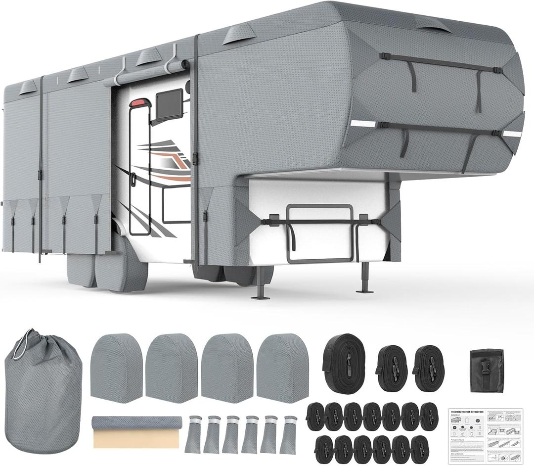 Mofeez 5th Wheel RV Cover 41-45ft, 7 Layers Top Extra-Thick Fifth Wheel Cover, Waterproof Windproof Anti-UV Rip-Stop Toy Hauler Camper Cover with 3Pcs Extra Straps, 6 Gutter Covers & 4 Tire Covers