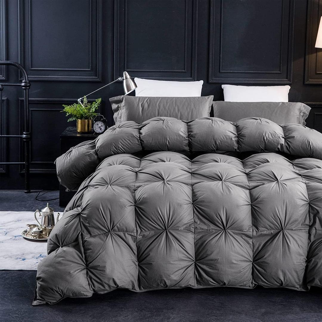 Three Geese Pinch Pleat Waterfowl Feathers and Down Comforter Queen Size Duvet Insert, 1200TC 100% Cotton Fabric, Premium All Seasons Grey Hotel Warm Comforter with 8 Tabs. (Grey Twisted Flower)