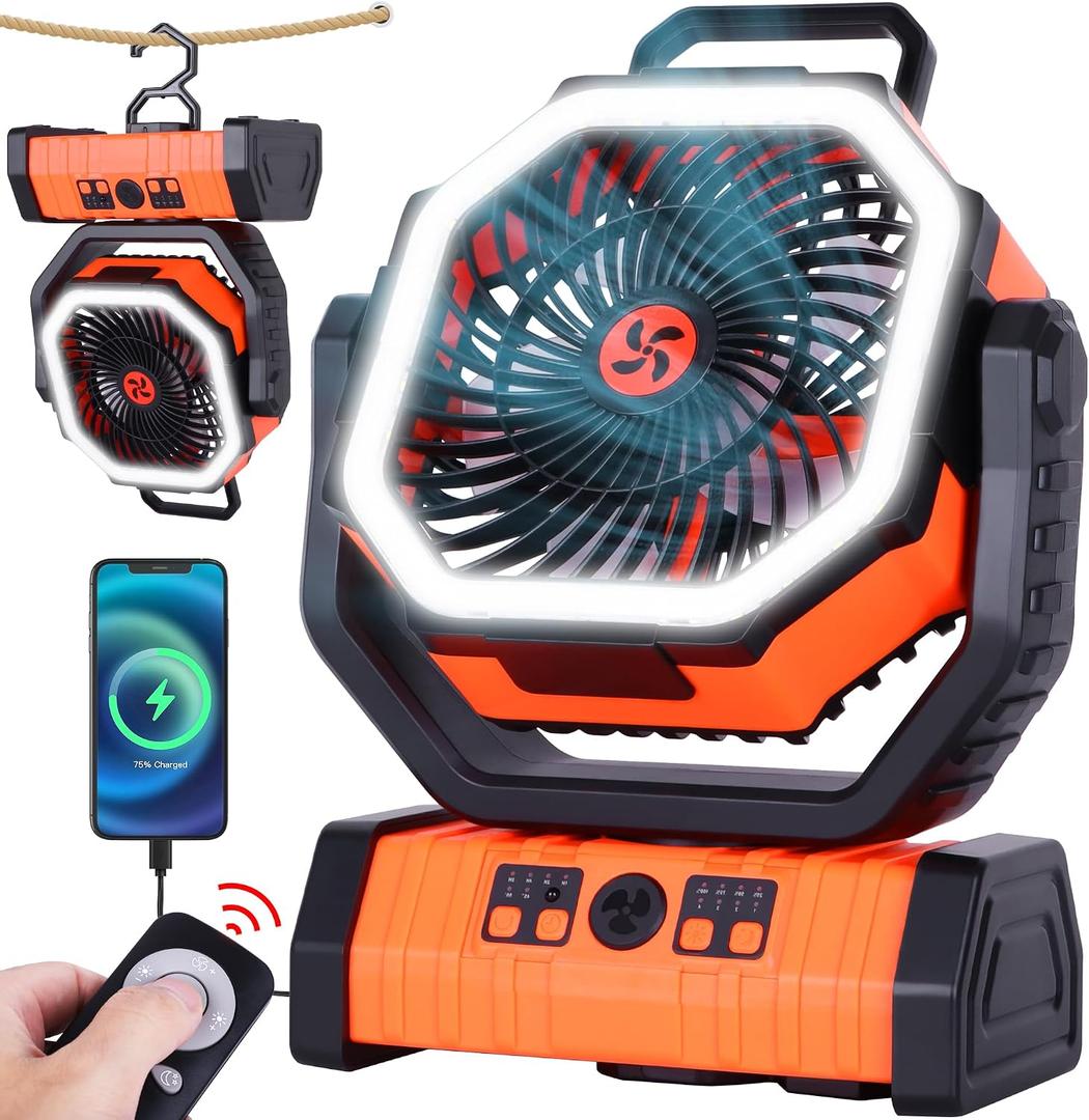 20000mAh Emergency Battery Powered Fan & LED Light, Battery Operated Rechargeable Fan for Power Outage, Car Defrosting, Indoor Use with 360 Oscillating & Hook, 8H Timer, Portable Camping Fan