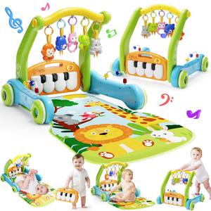 Baby Gym Play Mat with Walker, 2 IN 1 Kick and Play Piano Activity Center with Light & Music, Tummy Time Mat & Baby Push Toys for 0-6 12-18 Months, Sit-to-Stand Learning Walker for Infant Toddler Gift (Green)