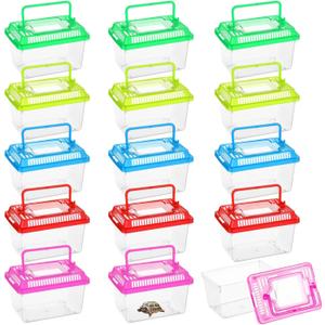 15 PCS Plastic Reptile Terrarium Carrier Cage, Portable Transparent Aquarium Box with Slotted Ventilation Holes for Turtle, Snake, Spider, Breeding, Hatching, Fish, 5 Colors Lid, 5 x 3.4 x 3.4 in