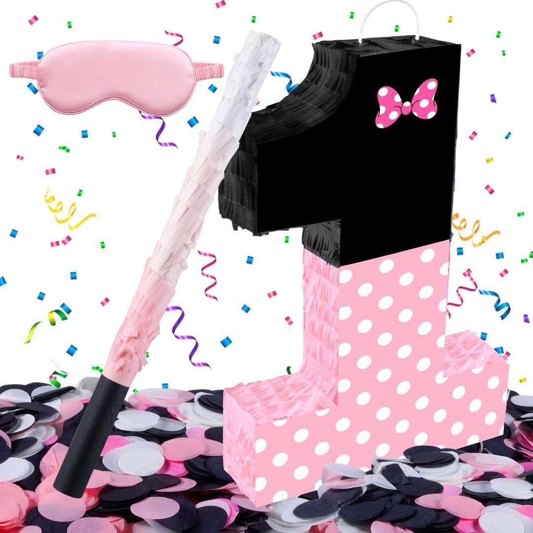 15.7 x 11.5 x 3 Inch Pink Bow Number 1 Pinata,Pink Bow Birthday Decorations, Fillable Hanging Piata with Stick Blindfold Confetti for Girls Boys 1st Anniversary Party Decorations