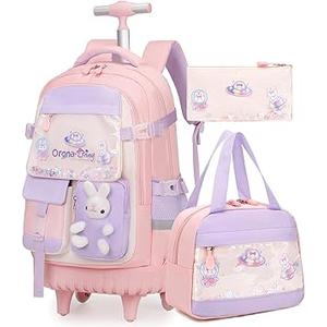 Rolling Backpack for Girls, Kawaii Bunny Roller Wheels School Backpacks with Lunch Bag Pencil case, Wheeled Suitcase Bookbag for Elementary Travel Pink