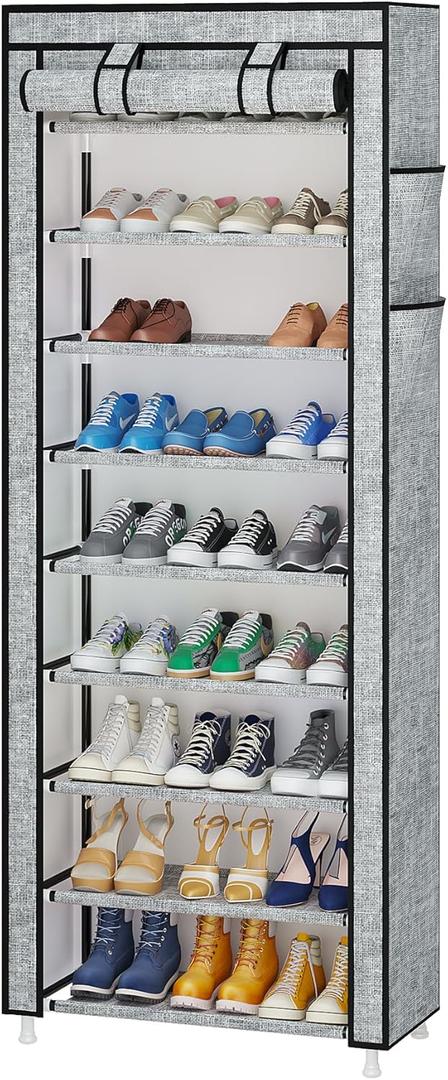 Calmootey 9 Tier Shoe Rack Organizer, Portable Shoe Shelf with Nonwoven Fabric Cover for Closet Hallway, Bedroom, Entryway, Ash Grey