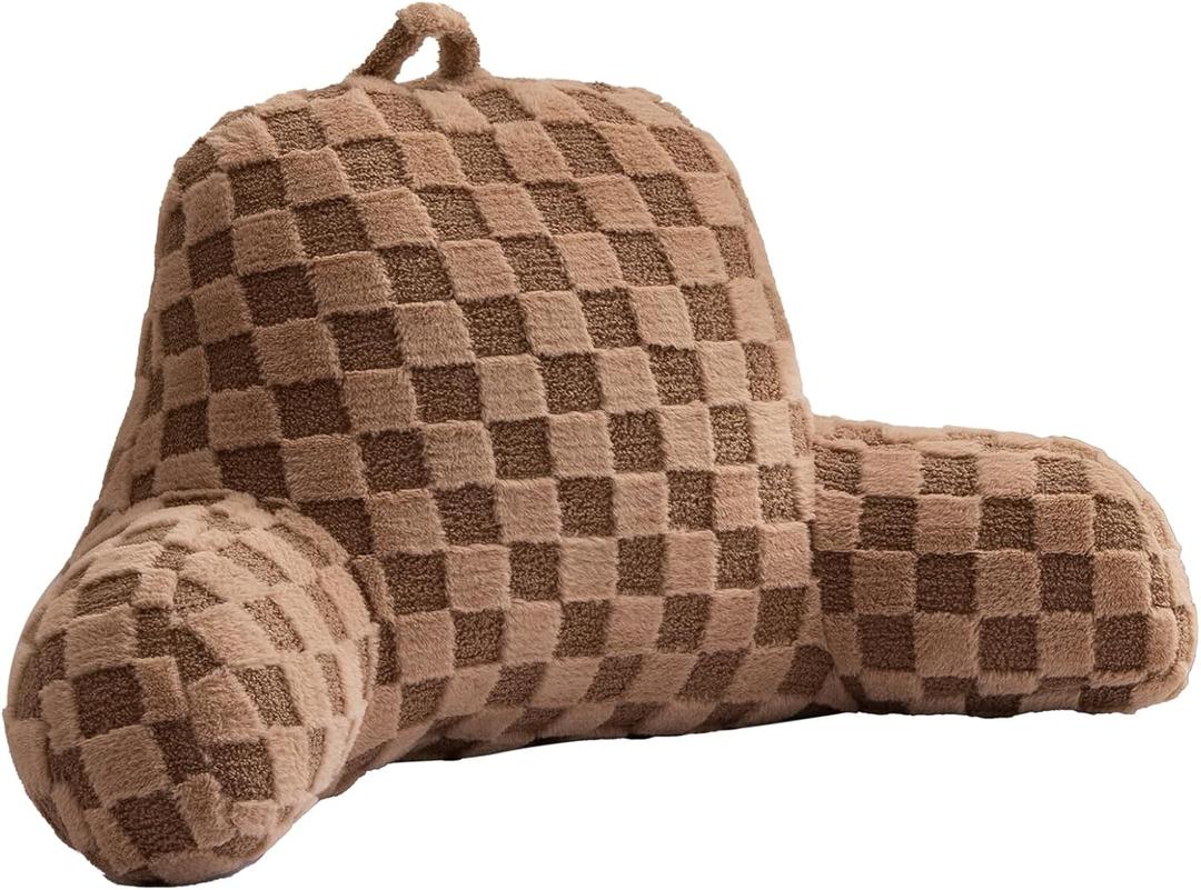 Aimuan Reading Pillow Checkered Bed Rest Wedge Backrest Checkerboard Pillow with Arms Back Support for Sitting Up in Bed Cushion Incline Rest Sleeping Snoring Pillow (Khaki, Large)