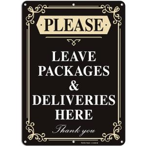 Faittoo Please Leave Packages and Deliveries Here Sign,  Black - 14 x 10 inch Aluminum - 1 Pack Reflective Aluminum Sign, UV Protected and Weatherproof, Durable Ink, Easy to Install and Read, Indoor/Outdoors Use