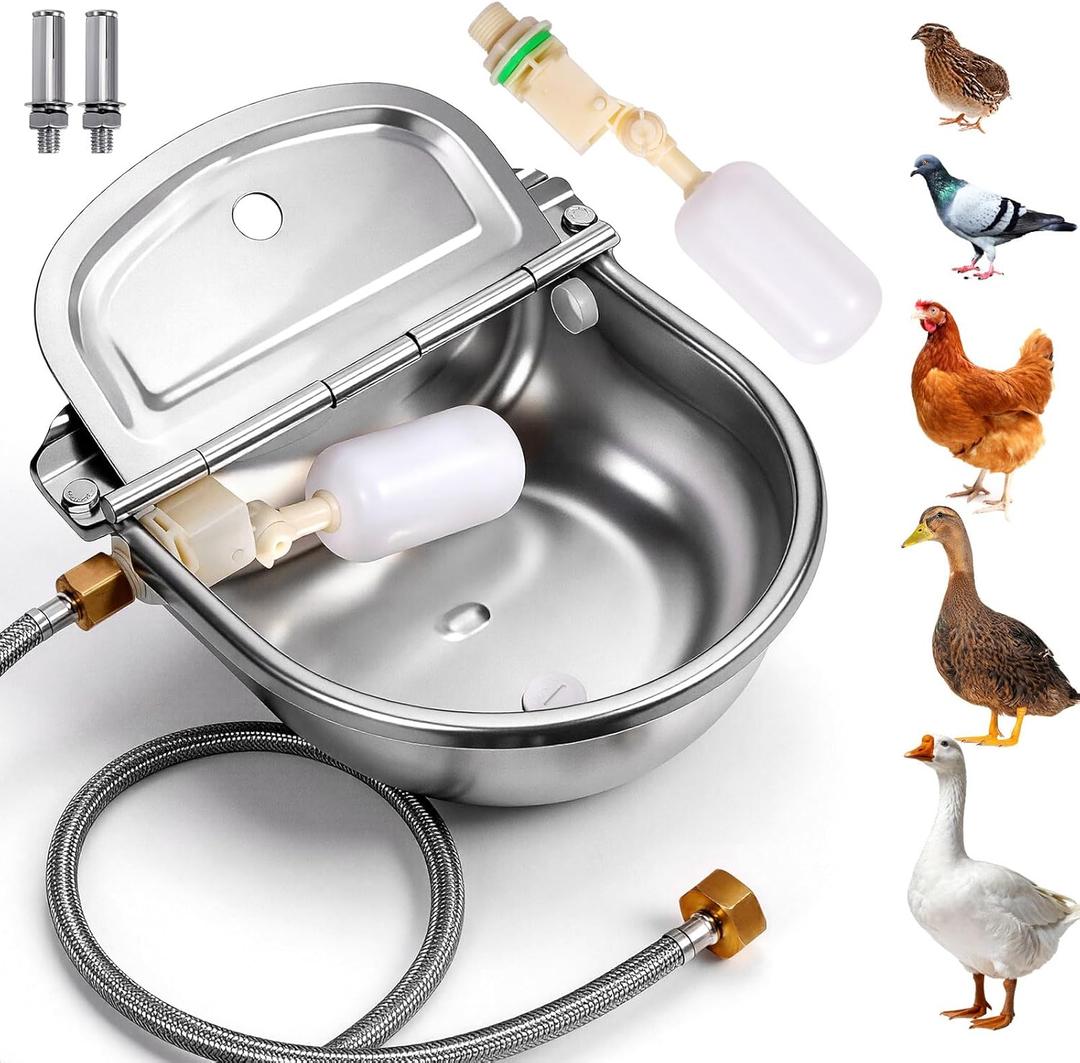 Metal Automatic Chicken Waterer with Float Valve, Stainless Steel Duck Waterer No Mess Outdoor Wall Mounted Chicken Water Dispenser with Hose and Drain Plug for Chicken Coop