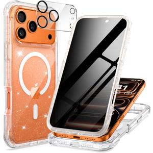 seacosmo Magnetic for iPhone 17 Pro Max Case for Women, Girly, Men, Full Body with Built-in Privacy Screen and Camera Lens Protector, Anti-Yellowing, Shockproof Cute Phone Case, 6.9", Clear Glitter