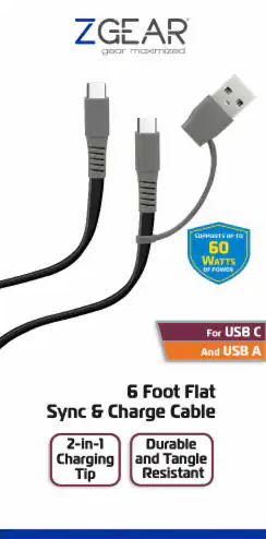 ZGear 6 Foot Flat Sync & Charge Cable For USB C To USB A