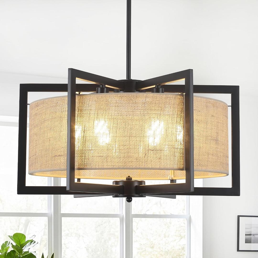 Modern Farmhouse Black Chandeliers for Dining Room, 6 Light 21.25 Inch Contemporary Geometric Drum Chandelier Industrial Pendant Light Fixture for Entryway Foyer Hallway Living Room